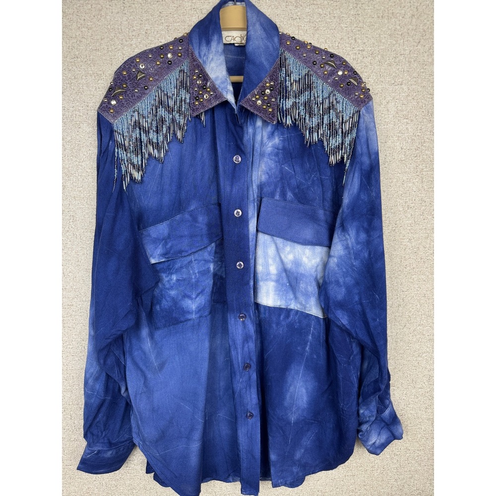 Cache Vintage Blue Tie Dye Beaded Fringe Studded Western Shirt Rayon USA Medium